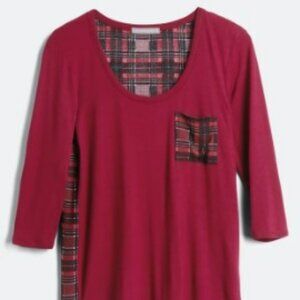 Loveappella "Willa" Woven Back Knit Top – Burgundy Plaid, Asymmetrical Hem
